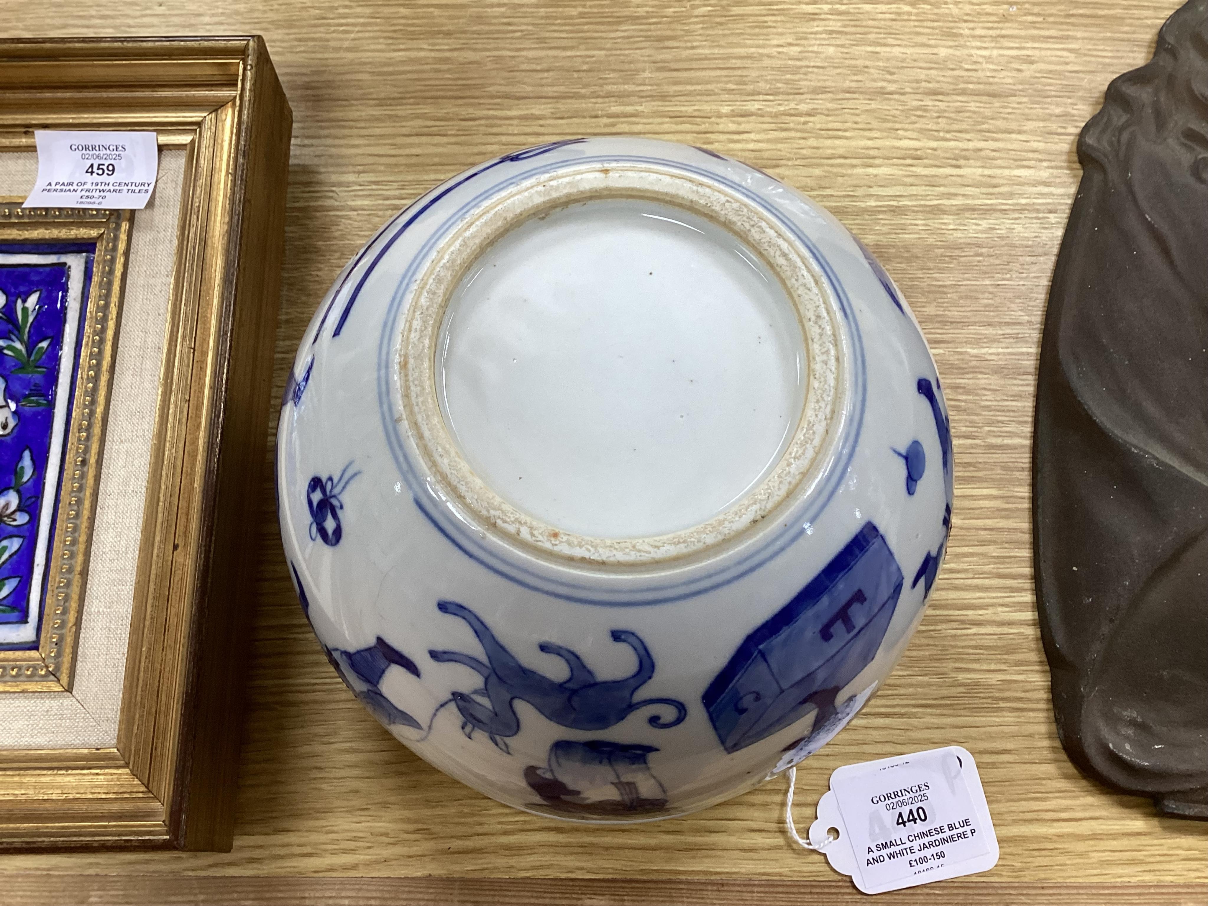 A small Chinese blue and white jardiniere painted with figures at various pursuits, 19cm in diameter